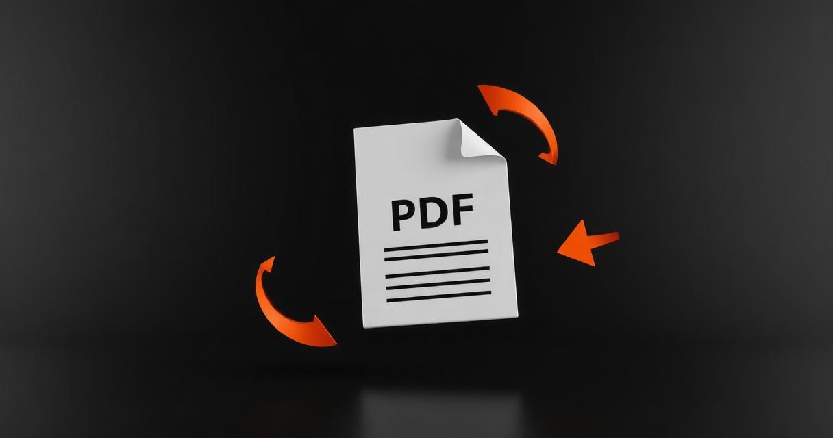 3D illustration of a PDF page rotating with orange arrows